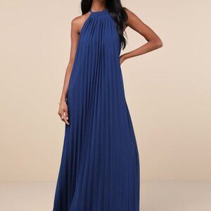 Lulus Exceptionally Elegant Blue Pleated Chiffon Maxi Dress - Size M